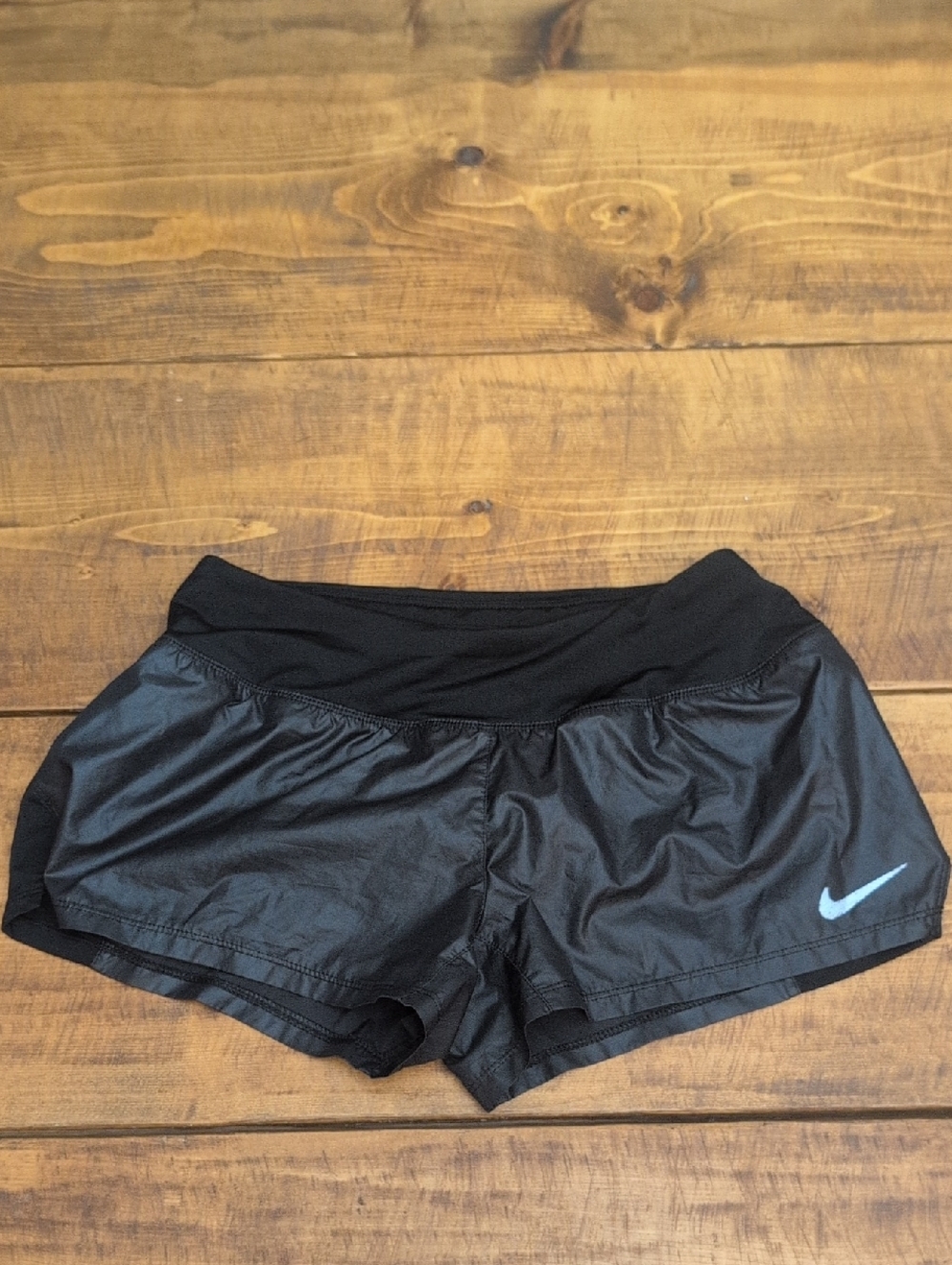 Nike Women's Drifit Black Athletic Shorts with Silver Swoosh